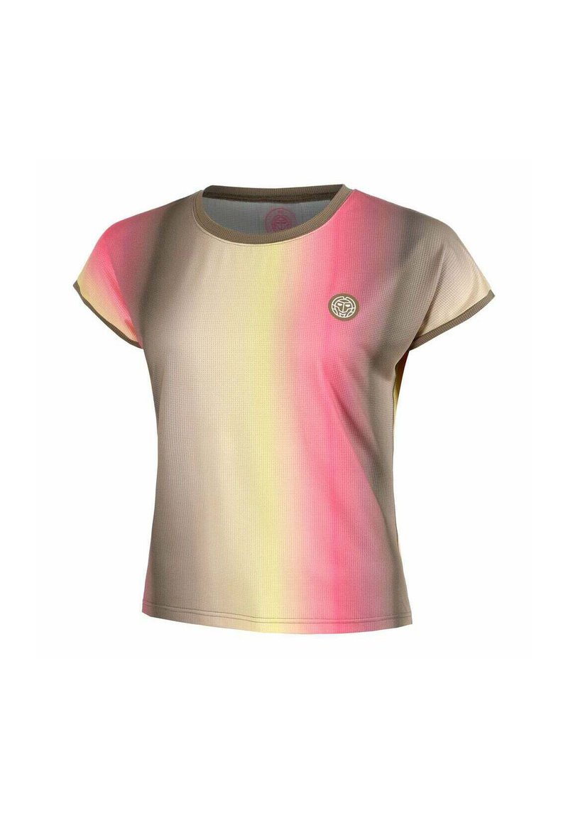 Camiseta de manga corta en tonos degradados de rosa, amarillo y beige. Fabricada en tejido texturizado con un cuello redondo y detalle de logo.