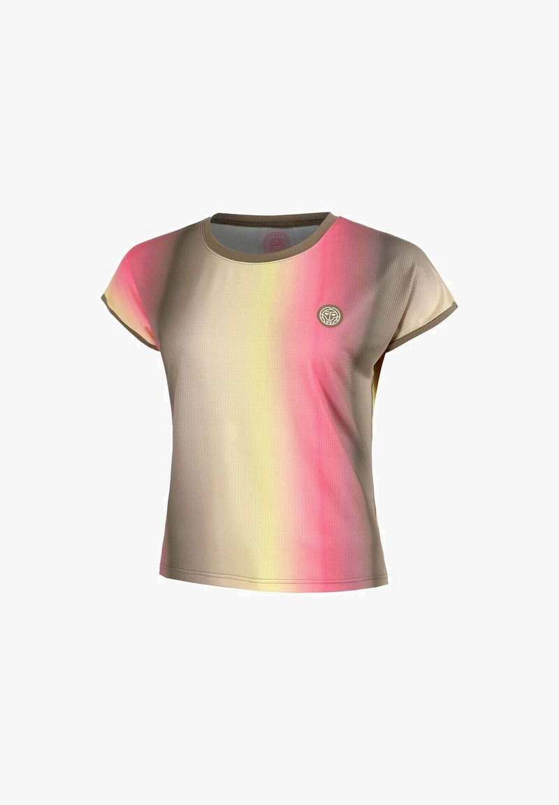 Camiseta de manga corta en tonos degradados de rosa, amarillo y beige. Fabricada en tejido texturizado con un cuello redondo y detalle de logo.