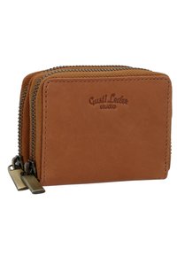 Brown leather wallet with dual zippered compartments, embossed branding, and contrasting metal hardware. Smooth texture with minimalist design.