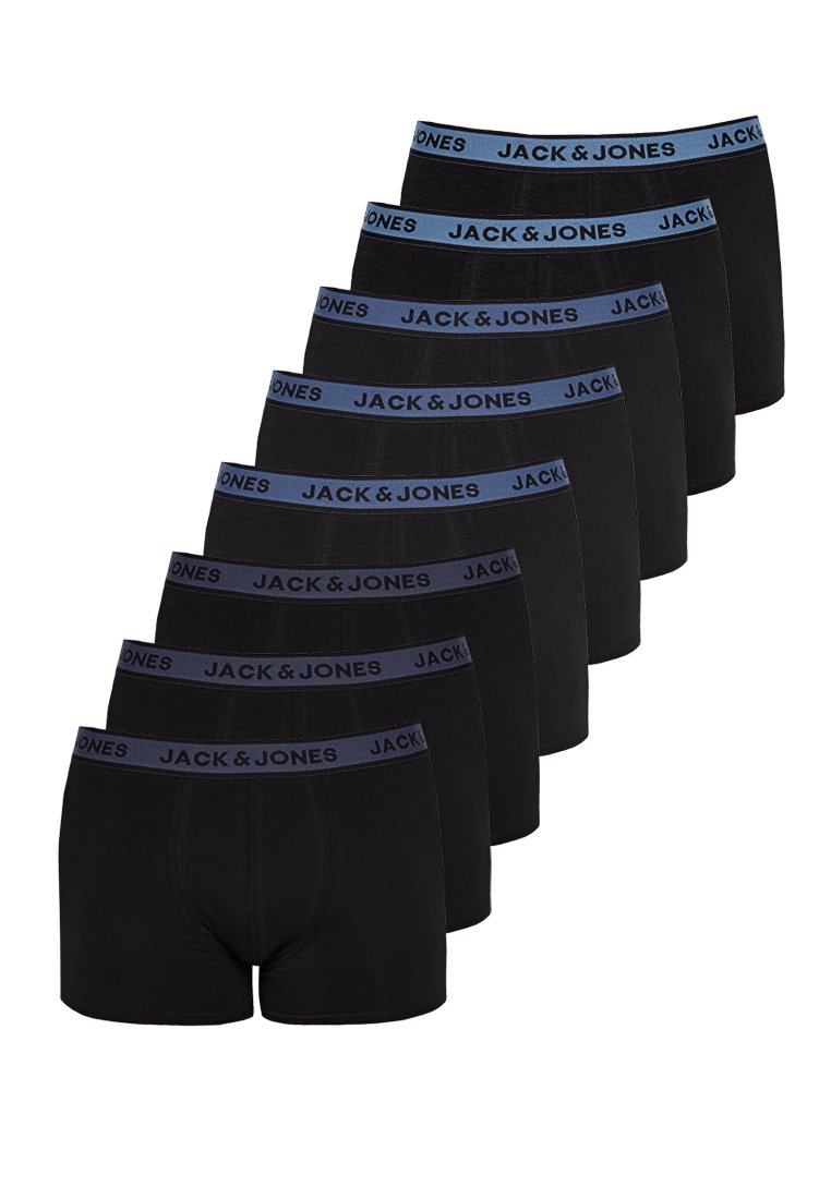 Boxer-briefs en coton noir avec une ceinture élastique bleue arborant le logo "JACK & JONES", disposés en formation empilée.