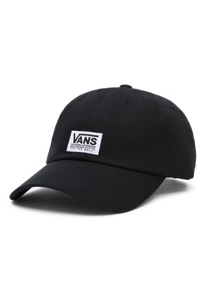 Casquette de baseball noire Vans avec une visière courbée et un patch logo rectangulaire blanc sur le panneau avant affichant le texte de la marque.
