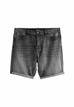 Schwarze Herren-Denim-Shorts mit aufgerollten Säumen, vorderem Knopf, Reißverschluss, Gürtelschlaufen sowie Vorder- und Rückentaschen.