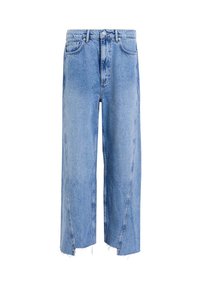 Lyseblå denim brede bukser med en rå, flosset kant, fem-lomme design og en klassisk knap- og lynlåslukning.