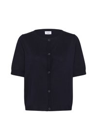 Cardigan marine à manches courtes en tissu tricoté doux et léger. Il présente un col rond et une fermeture à boutons sur le devant avec des boutons assortis.