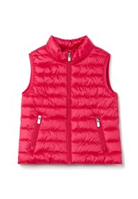 Chaleco sin mangas acolchado en rosa brillante. Presenta un collar alto, cierre frontal de cremallera y dos bolsillos laterales con cierres de cremallera. Superficie texturizada.