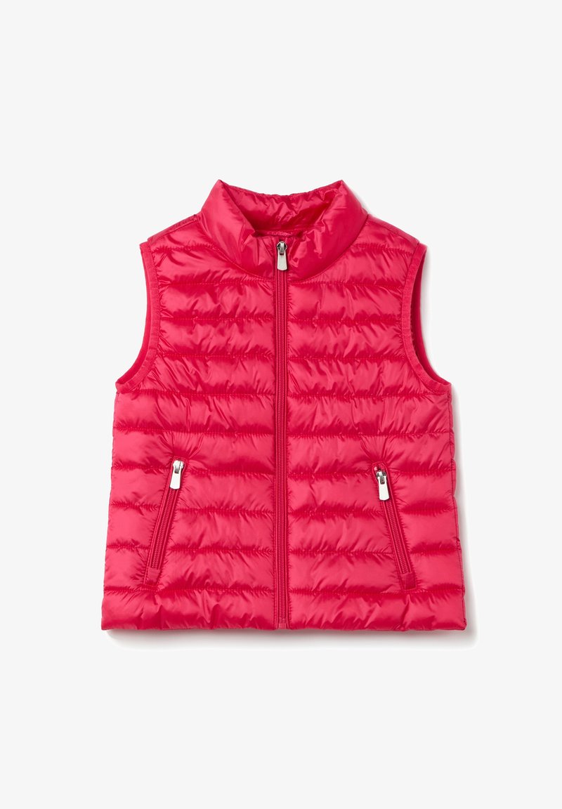 Gevoerde, mouwloze vest in felroze. Heeft een hoge kraag, een voorzak met rits en twee zijzakken met ritsen. Gelaagde oppervlak.