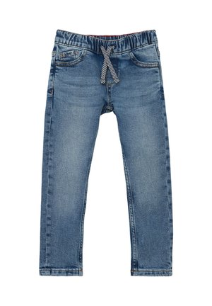 Jeans de mezclilla azul con una cintura elástica, bolsillos frontales y un cordón a rayas. Textura suave con un acabado de lavado descolorido.