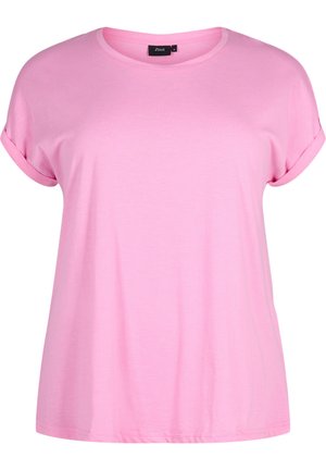 Pink short-sleeve t-shirt in a soft, lightweight fabric. Features a round neckline and rolled cuffs, with a relaxed fit. No patterns or accents.