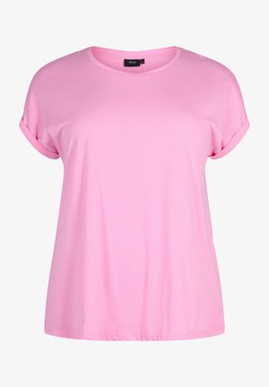 Rožinė trumpomis rankovėmis marškinėliai iš minkštos, lengvos medžiagos. Sukurtas su apvaliu kaklu ir suktomis rankovėmis, turi laisvą siluetą. Be raštų ar akcentų.