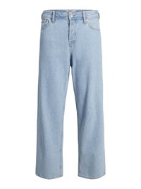 Lichtblauwe denim jeans met een wijd vielende broekspijpen, hoge taille, voorzakken en een knoopsluiting. De stof is gestructureerd met een licht vervaagde afwerking.
