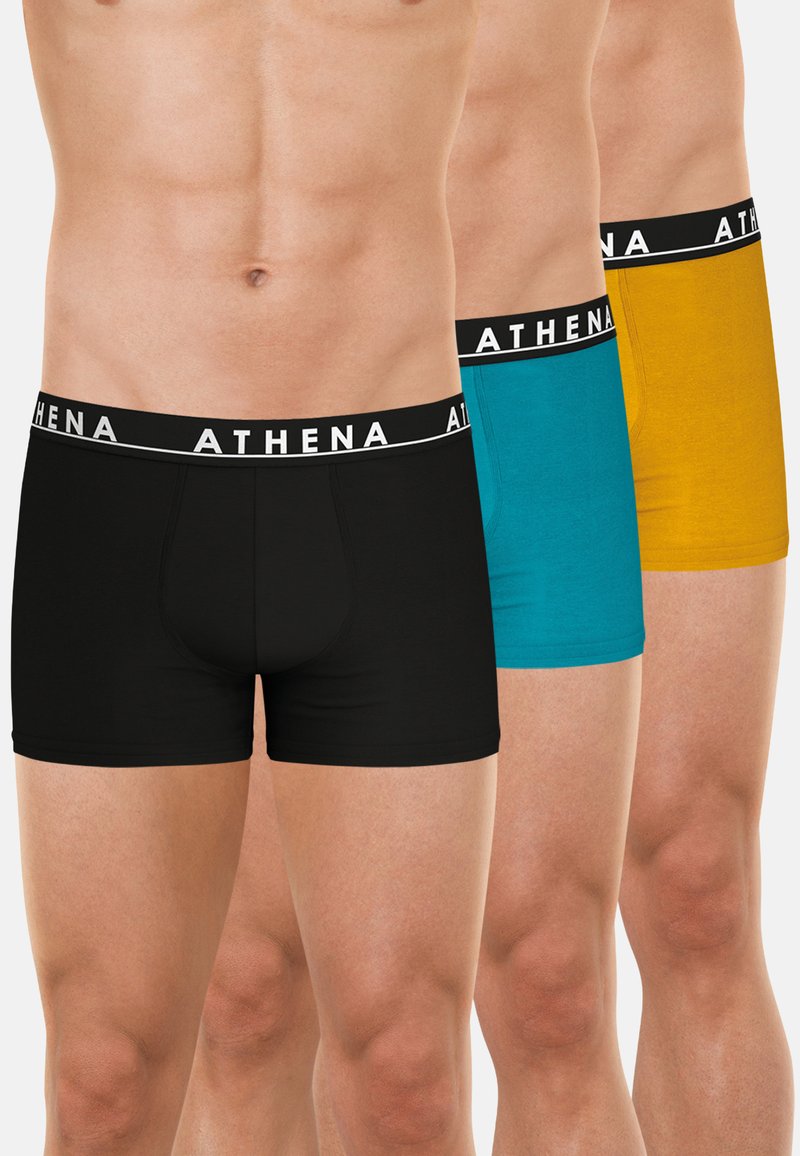 Boxers en noir, turquoise et jaune. Fabriqués en tissu doux avec des ceintures élastiques arborant le logo 'ATHENA' en blanc.