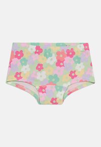 Blomstrete bomullstruser med en lys gr�ønn bakgrunn, fylt med rosa, lilla og gule blomster. Elastisk liv med myke kanter.