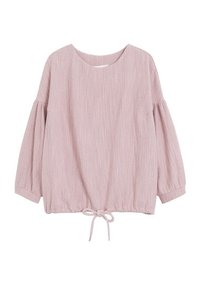 Lichtroze blouse met een gestructureerde stof, brede mouwen en een getailleerde taille met een strikdetail. Klassieke ronde halslijn en een casual pasvorm.