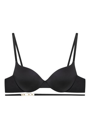 Schwarzer BH mit geformten Cups, verstellbaren Trägern und einem dekorativen, goldenen Hardware-Element auf einem dünnen Band. Glatte Textur und schlichtes Design.
