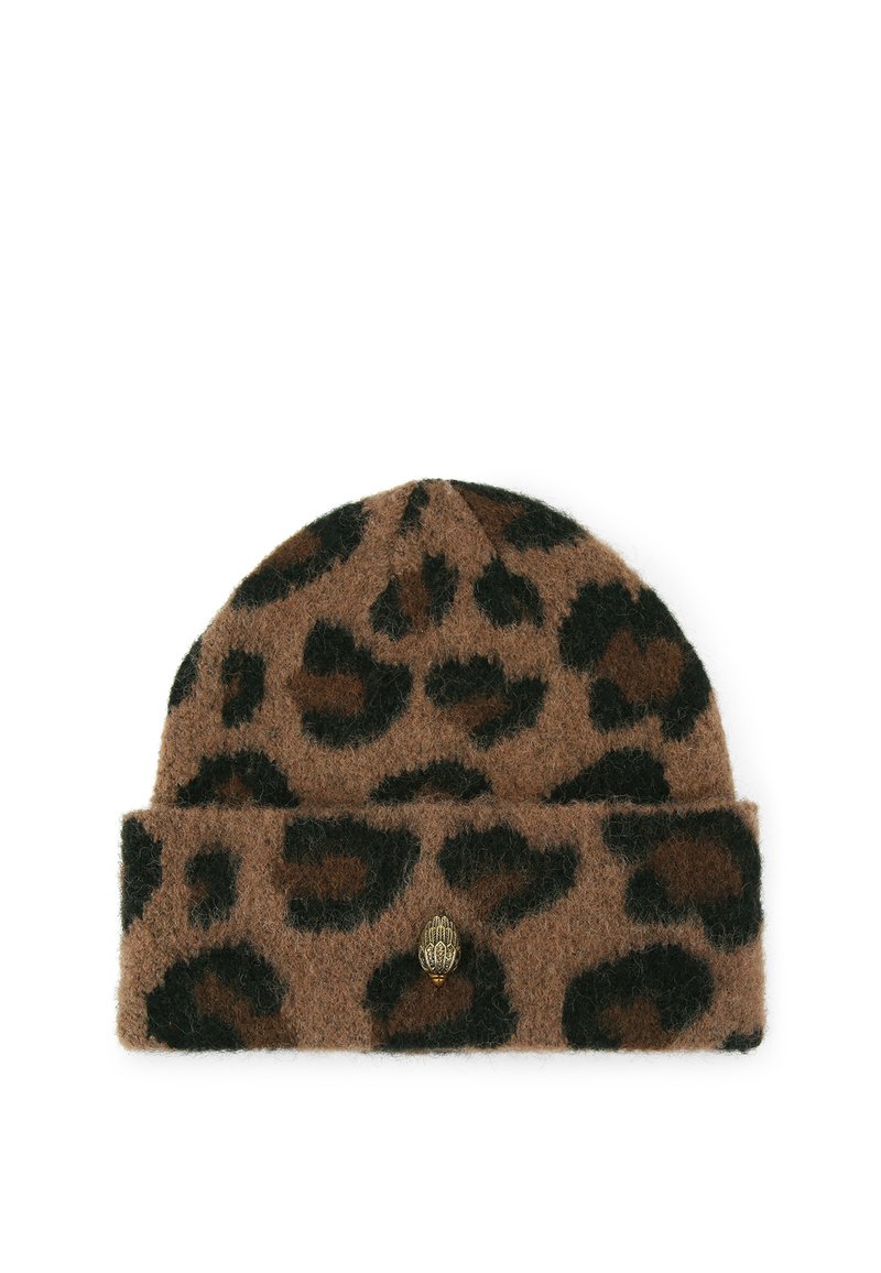 Brązowa dziana czapka z leoparda w ciemnozielonym i czarnym kolorze. Zagięcie na dole z małym, dekoracyjnym złotym emblematem.