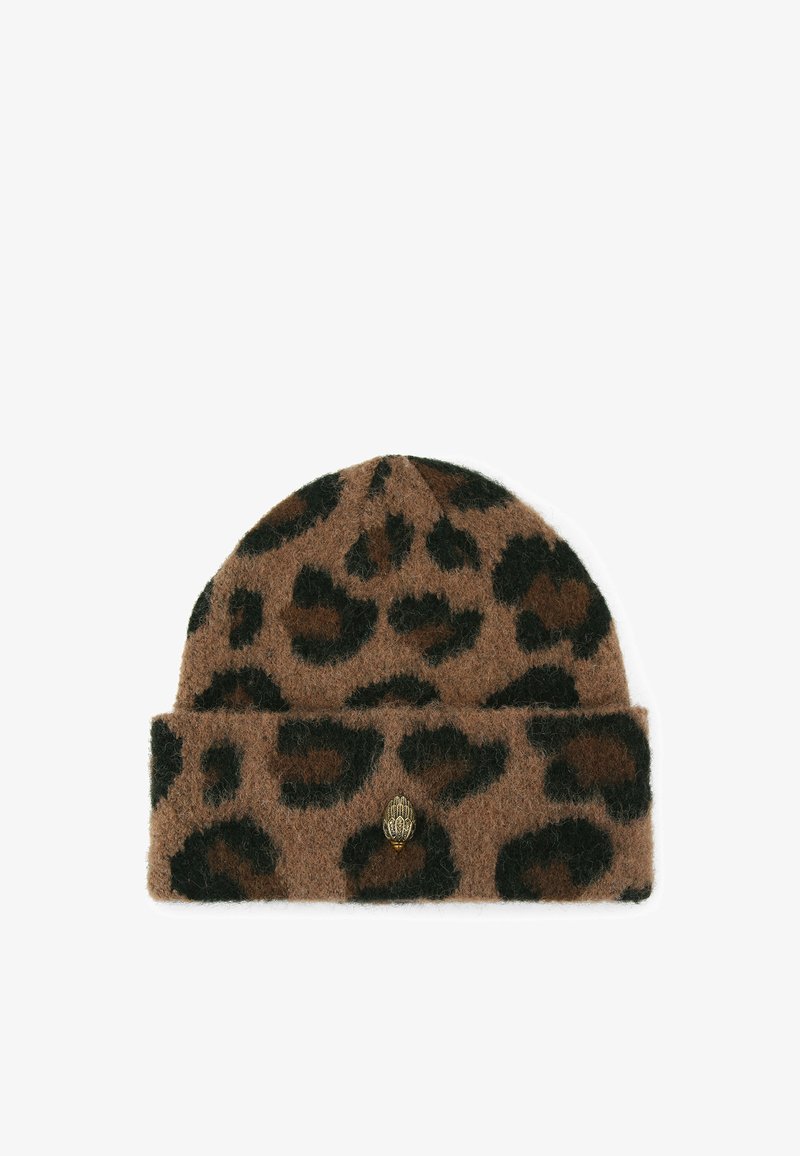 Berretto lavorato a maglia marrone con stampa leopardata in verde scuro e nero. Pieghe sul fondo con un piccolo emblema decorativo dorato.