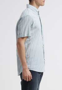 Kurzärmeliges Hemd zum Knöpfen in Hellblau mit weißen vertikalen Streifen, aus weichem Baumwollstoff, mit spitzem Kragen und regulärer Passform.