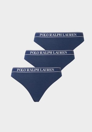 Τρία σκούρα μπλε εσώρουχα με λευκές ελαστικές ζώνες μέσης που φέρουν το λογότυπο "POLO RALPH LAUREN" σε κεφαλαία γράμματα.