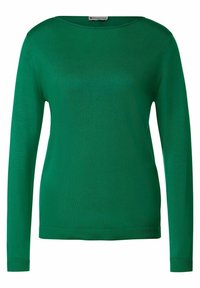 Grüner gestrickter Pullover mit langen Ärmeln, Rundhalsausschnitt, gerippten Bündchen und Saum, glatte Textur, einheitliche Farbe, aus leichtem Stoff gefertigt.