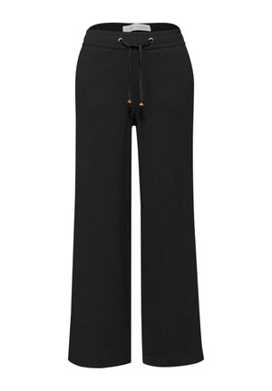 Pantaloni neri a gamba larga con vita elastica, coulisse con perline di legno e tessuto strutturato visibile su sfondo bianco.