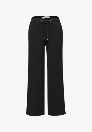 Pantaloni neri a gamba larga con vita elastica, coulisse con perline di legno e tessuto strutturato visibile su sfondo bianco.