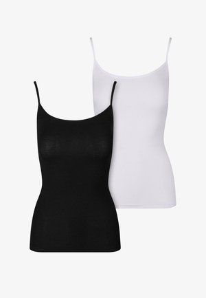 Two camisole tops, one black and one white, made from soft fabric. Both have thin straps and a fitted design, suitable for layering.
