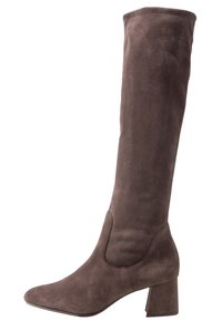 Bottes montantes en daim marron avec un talon carré et un bout pointu, présentant une texture lisse et un design sans couture sans aucune quincaillerie visible.
