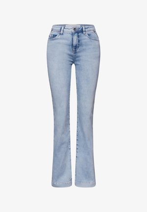 Světle modré džínové kalhoty s vysokým pasem, předním zapínáním na knoflíky a zip a mírně rozšířenými nohavicemi.