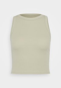 Žebrované tílko z jemné, světle zelené látky. Bez rukávů, vysoký výstřih a přiléhavý střih s rovním lemem.
