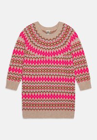 Knit sweater dress in beige with bright pink and brown geometric patterns. Features a rounded neckline and long sleeves.