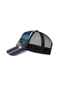 Pet met een zwarte mesh achterkant en een geannoteerde voorkant met kleurrijke tropische bladeren op een donkere achtergrond, met een gebogen vizier en strepen.