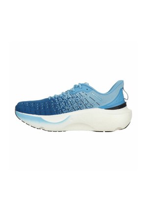 Chaussure de sport bleue avec un design dégradé, tige en mesh respirant, col rembourré et semelle texturée. Comprend une semelle intermédiaire blanche et des accents noirs.