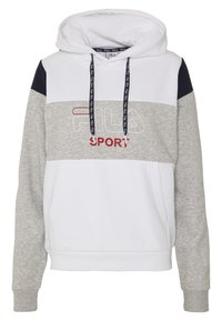 Mikina s kapucí v šedé, bílé a námořnické modré barvě, s klokaní kapsou, černými šňůrkami a logem "FILA SPORT" na hrudi.