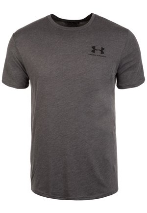 Dunkelgraues sportliches T-Shirt mit kurzen Ärmeln, Rundhalsausschnitt und kleinem schwarzem Under Armour-Logo auf der linken Brust.