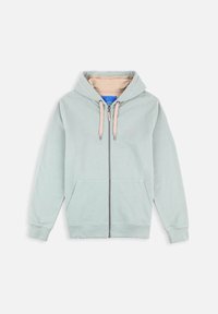 Veste à capuche zippée vert clair avec une doublure intérieure beige, cordons de serrage, deux poches avant et des poignets et un ourlet côtelés. Texture de tissu lisse.