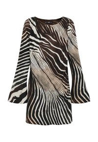 Jurk met lange mouwen in bruin en crème met een zebrapatroon. Zacht textiel, uitlopende mouwen en een ronde halslijn.