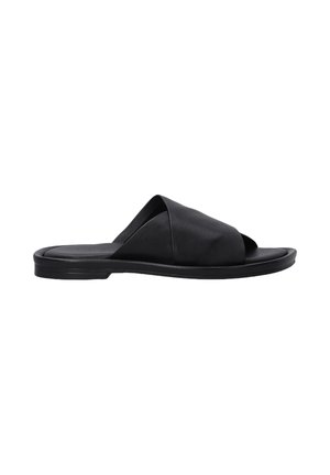 Sorte lædersandal med en crisscross stropdesign, flad sål og glat overflade. Har åben tå for åndbarhed.
