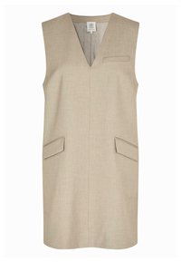 Beige ärmeloses Kleid mit V-Ausschnitt, zwei schrägen Fronttaschen und einer glatten Textur. Gerader Schnitt mit minimaler Nahtführung.