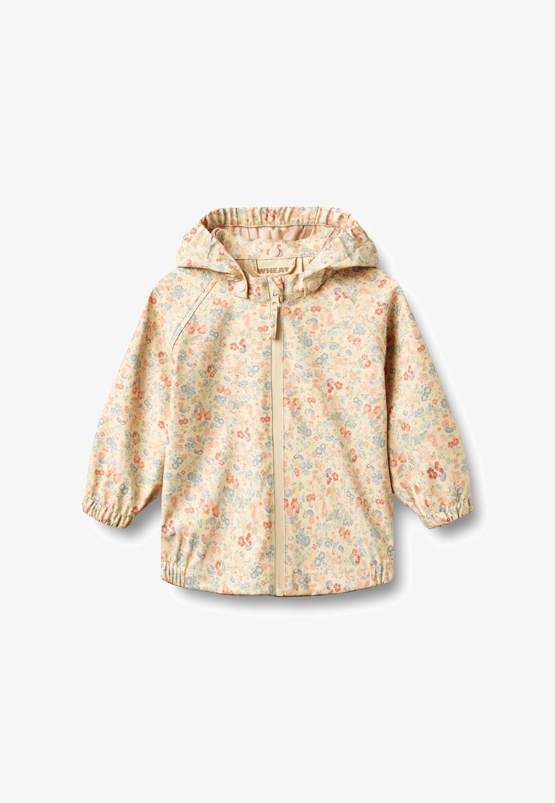 Veste à capuche pour enfants jaune clair avec fermeture éclair à l’avant et petit imprimé floral rouge, bleu et vert.