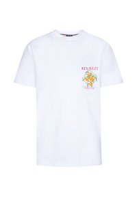 Witte katoenen t-shirt met een grafiek op de voorkant die de tekst "Key West" en een illustratie van sinaasappels in groene bladeren weergeeft.