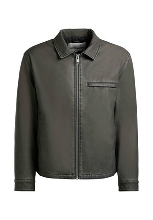 Donkergrijze neplederen jas met een rits aan de voorkant, een enkele borstzak, lange mouwen en een klassieke kraag.