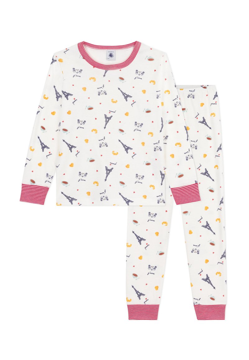 Weißes Baumwoll-Pyjama-Set mit langen Ärmeln und Hose, das ein Muster aus Eiffeltürmen, Herzen und Snacks zeigt. Rote gestreifte Bündchen.