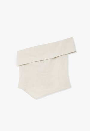 Ľanový top bez ramienok vo svetlej béžovej farbe, so širokým golierom a šikmým lemom. Mäkká textúra s minimálnymi švami a jednoduchým dizajnom.