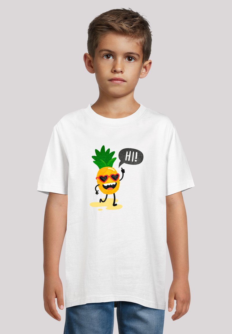 Weißes Baumwoll-T-Shirt mit einem Cartoon-Ananas, die Sonnenbrillen trägt, und einer Sprechblase mit "HI!" auf der Vorderseite, kurze Ärmel.