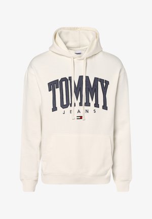 Felpa con cappuccio di colore crema con un grande logo navy "TOMMY" e il testo "JEANS" sottostante, dotata di tasca frontale e polsini a coste.