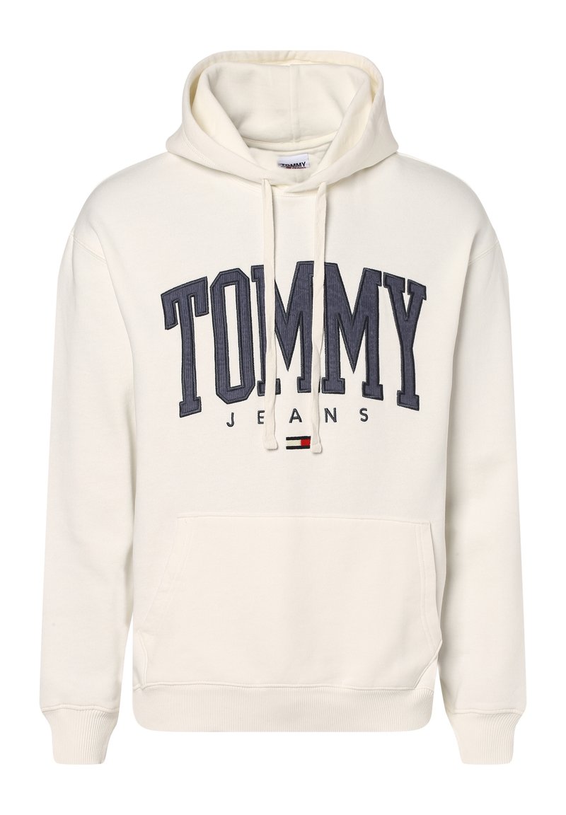 Krémová mikina s kapucí s velkým námořnickým logem "TOMMY" a textem "JEANS" níže, s přední kapsou a ribbenými manžetami.
