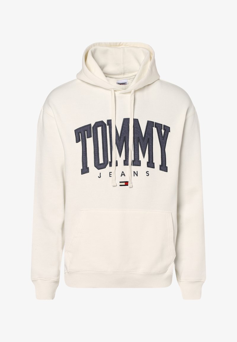 Krémová mikina s kapucí s velkým námořnickým logem "TOMMY" a textem "JEANS" níže, s přední kapsou a ribbenými manžetami.