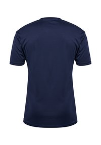 Navyblauw T-shirt met korte mouwen en een ronde hals, zachte textuur, en geen zichtbare patronen of graphics op de achterkant.