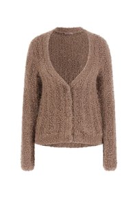 Cardigan maro pufoș cu decolteu în V, textură ribbing, mâneci lungi și cinci butoane pe față. Material moale, cald, design casual.