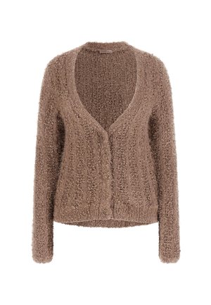 Cardigan maro pufoș cu decolteu în V, textură ribbing, mâneci lungi și cinci butoane pe față. Material moale, cald, design casual.